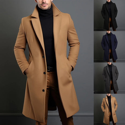 Atutumn Winter Long Warm Wool Trench Coat For Men Solid Color Single Breasted Luxury Wool Blends-Overcoat Tops Coats Clothing