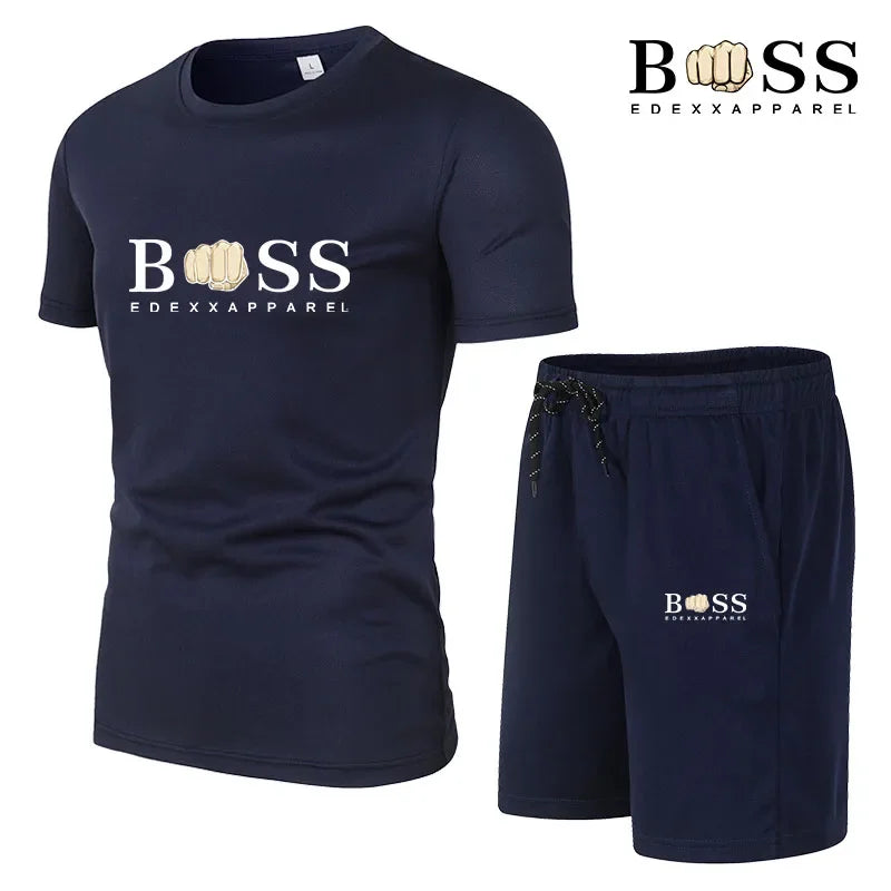 Boss Set New Men's Fitness Fashion Set Men's casual sportswear set Quick drying sportswear Short sleeved T-shirt+shorts 2-piece set