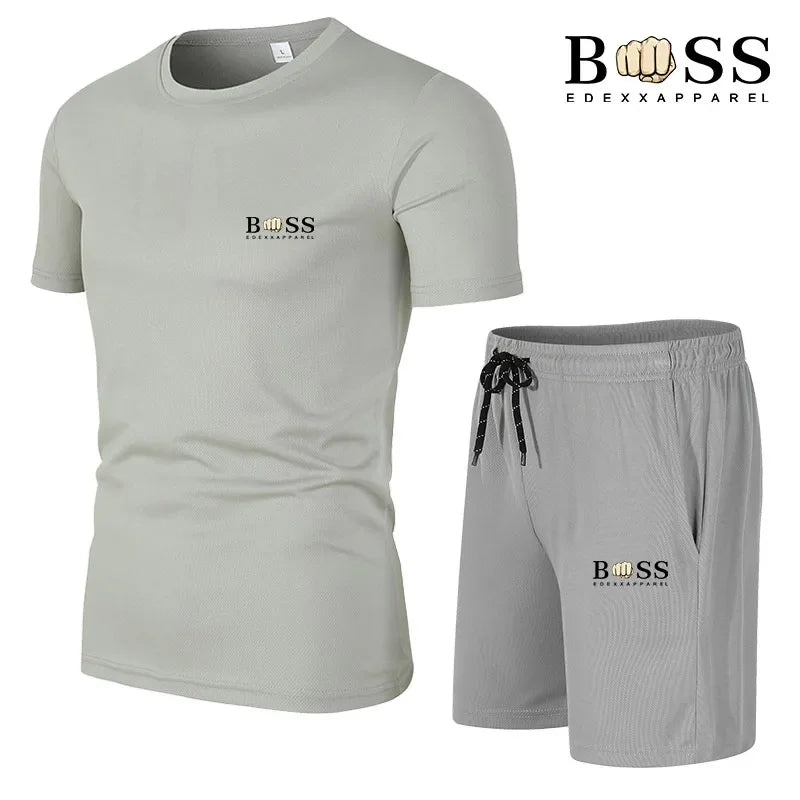 Boss Set New Men's Fitness Fashion Set Men's casual sportswear set Quick drying sportswear Short sleeved T-shirt+shorts 2-piece set